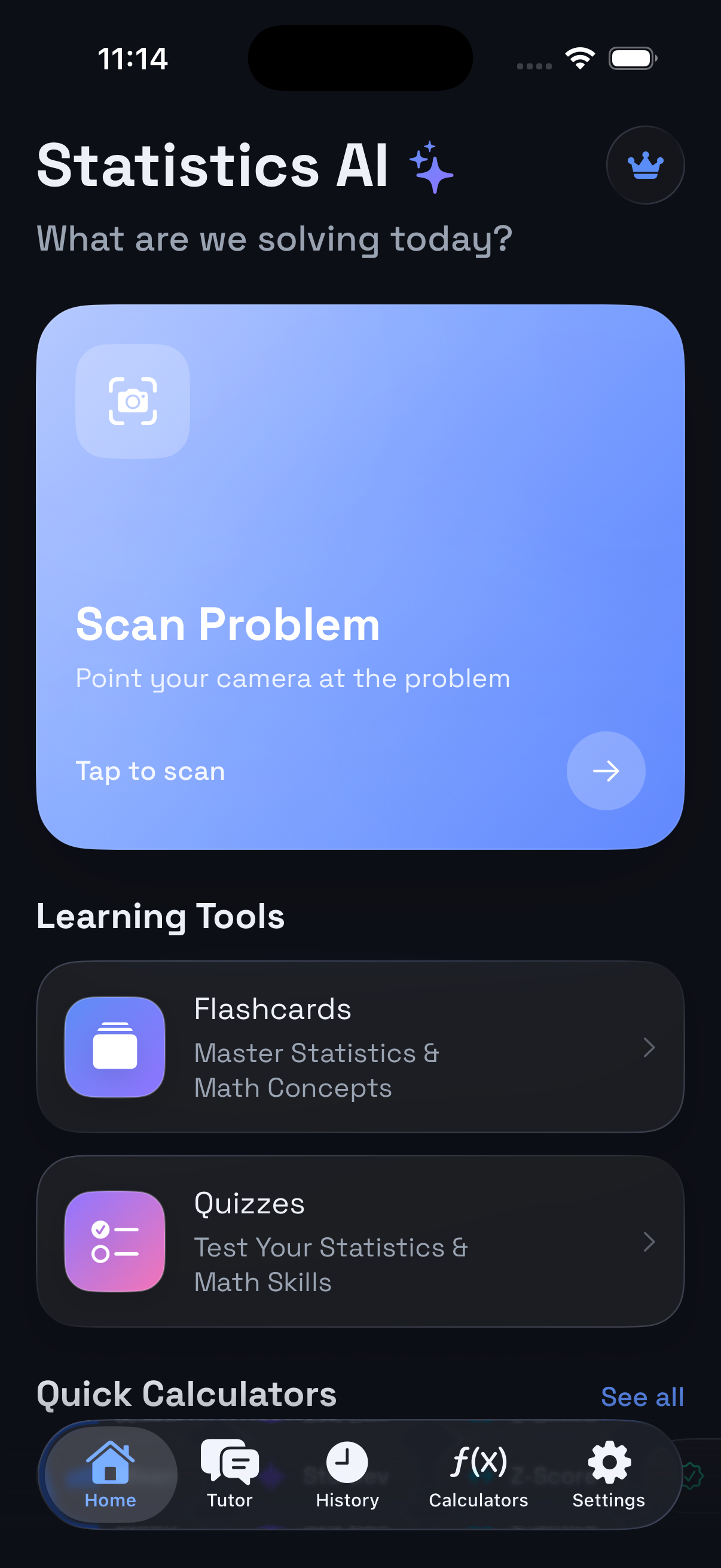 Statistics Problem Solver Pro home screen in dark mode