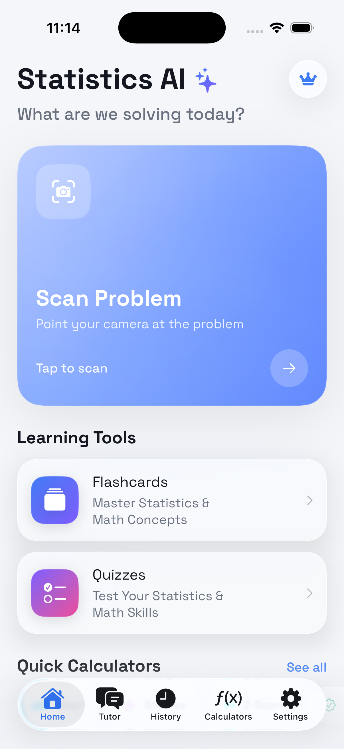 Statistics Problem Solver Pro home screen in light mode